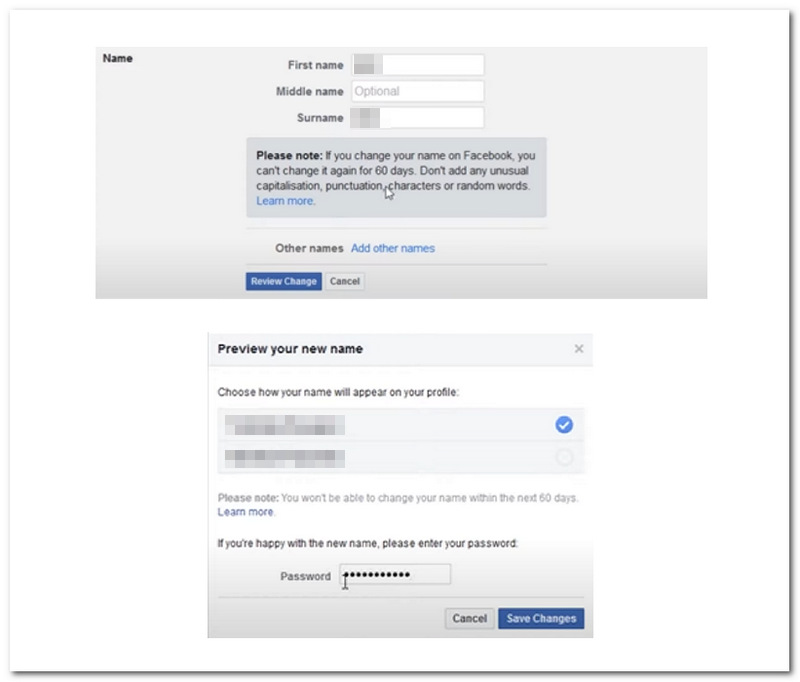 Facebook Chỉnh sửa tên lưu Thay đổi