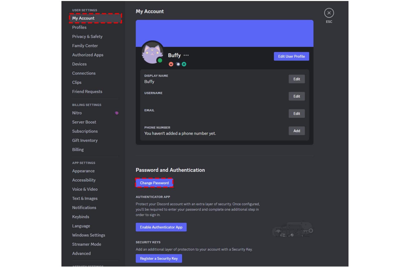 שנה שולחן העבודה של Discord Password