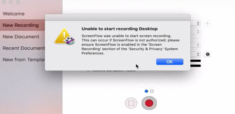 Interface d'invite de Screenflow n'enregistrant pas