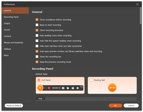 रिकॉर्डिंग सेटिंग Aiseesoft स्क्रीन रिकॉर्डर